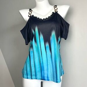 Y2k Blue Black Cold Shoulder Top